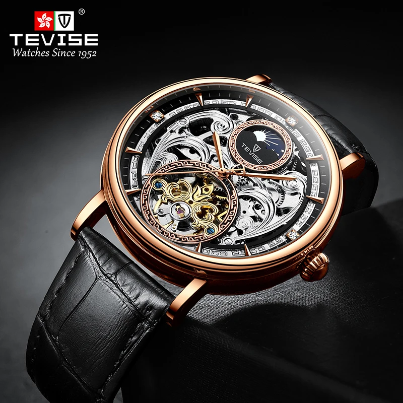 TEVISE Rose Gold Watch Man Automatic Mechanical Watches Moon Phase Luminous Leather Waterproof  Male Clock T888D Dropshipping