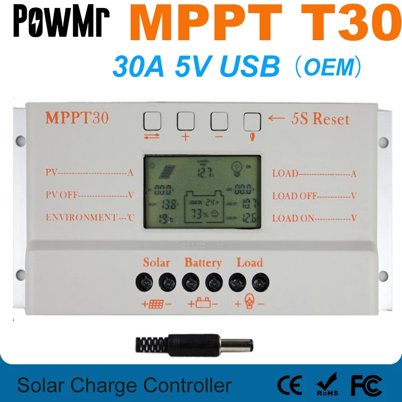 PowMr MPPT 30A Solar Charge Controller 12V 24V Auto Switch 30A Solar Panel Controller Display Load Light and Timer Controller