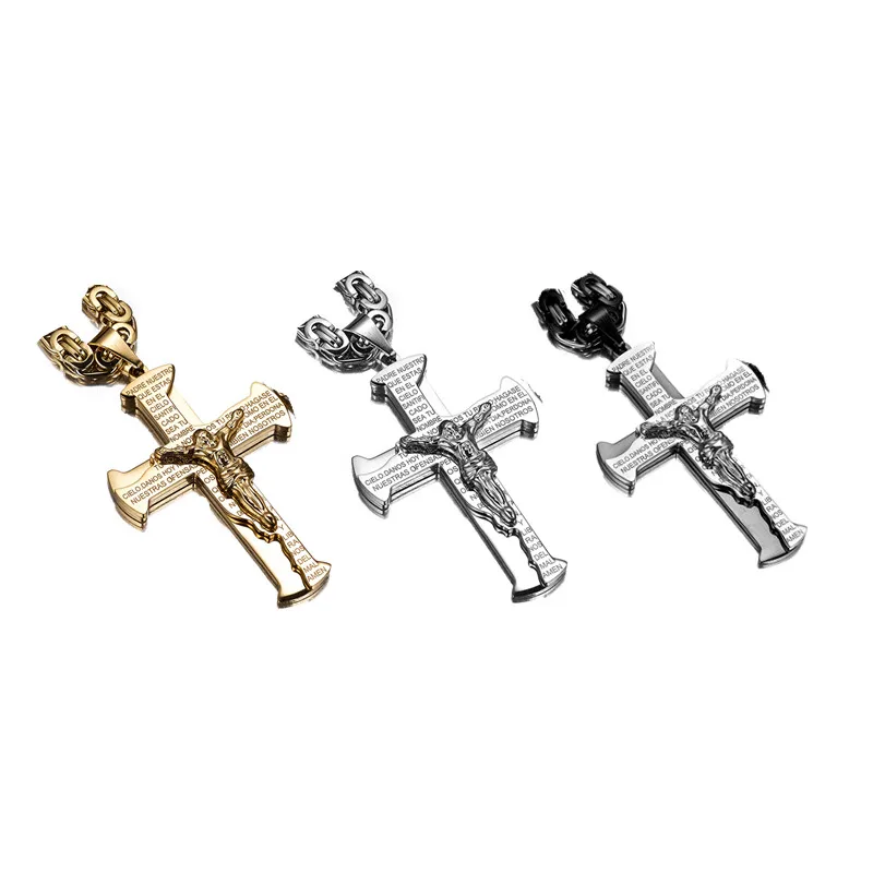 Hot Sale Christian Jewelry Jesus Cross Byzantine Box Chain Necklaces Pendants Male Bible Stainless Steel Pendant For Men