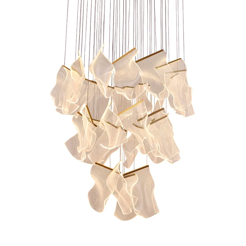 Imagem -02 - Led Art Paper Ferro Acryl Desinger Pendurado Lâmpadas Ouro Lustre Iluminação Lustre Suspensão Luminária Lampen para Foyer