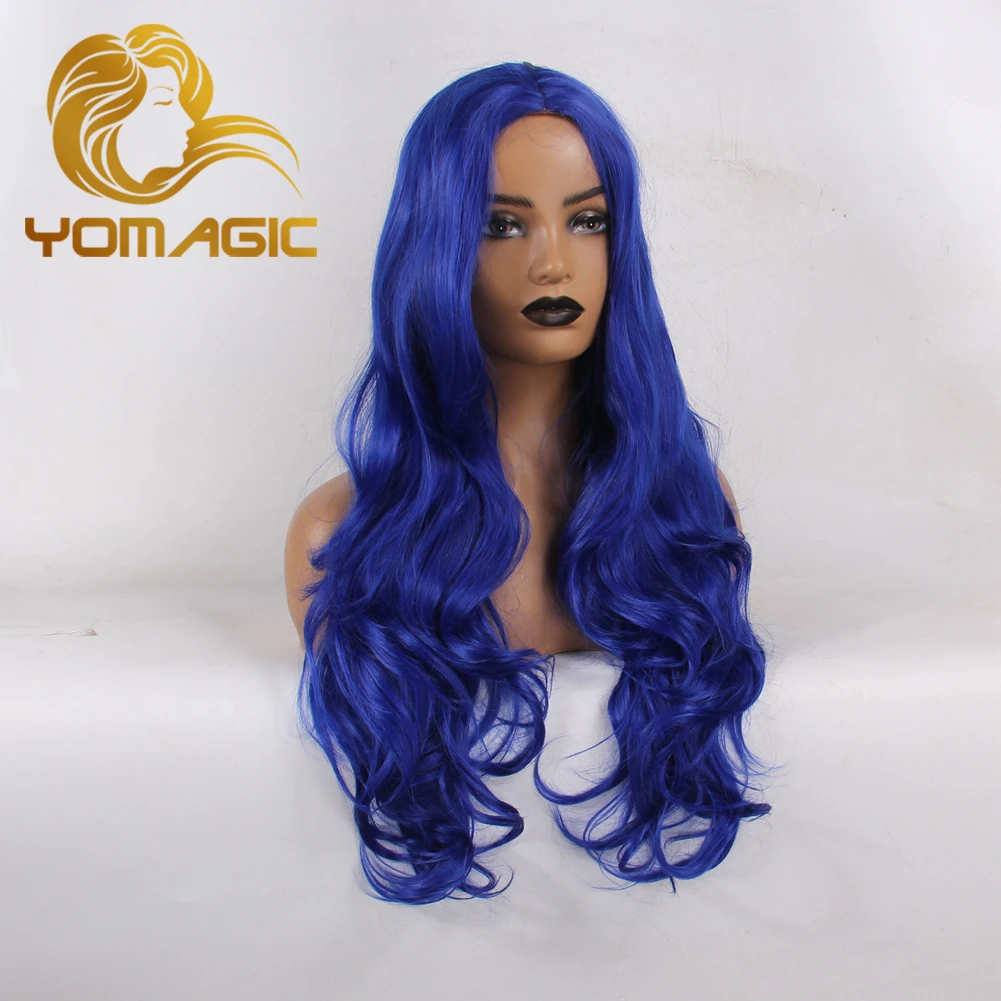 YOMAGIC Full Machine Made Wigs Synthetic Hair Wigs Long Wavy Blue Color Wig Heat Resistant Fiber Hair Wigs for Women