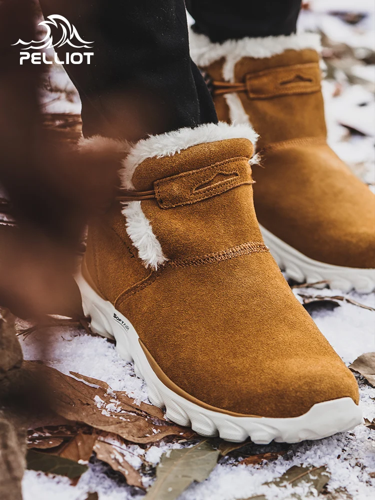 Pelliot Men\'s Hiking Shoes Snow boots Anti-slip Boot Plush Lining Mid-high walking Boots for women trekking Shoes with fur