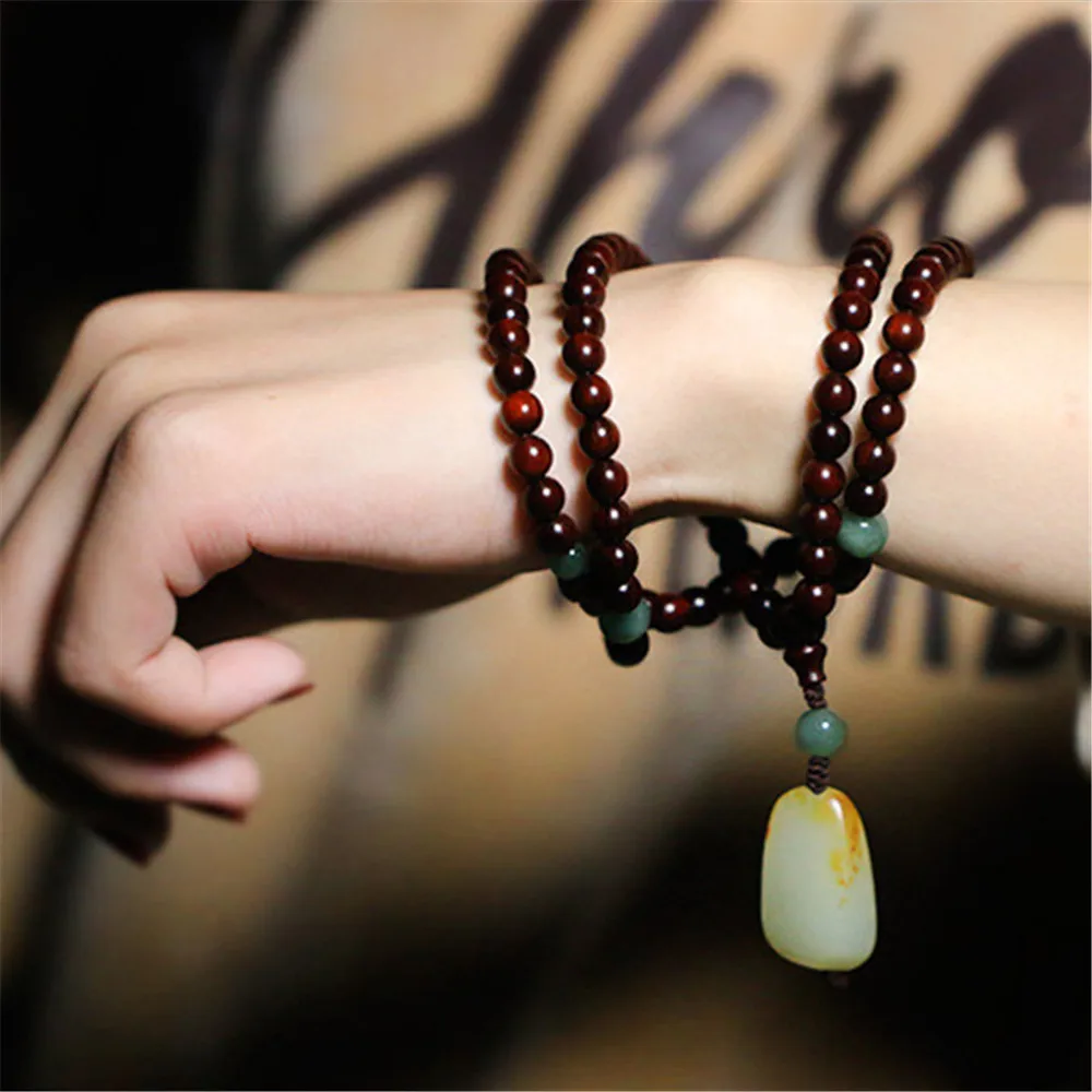 108 Small Leaf Red Sandalwood Multi-circle Beaded Bracelets Hetian Jade Pendant Green Agate Men Women Rosary Sweater Chain