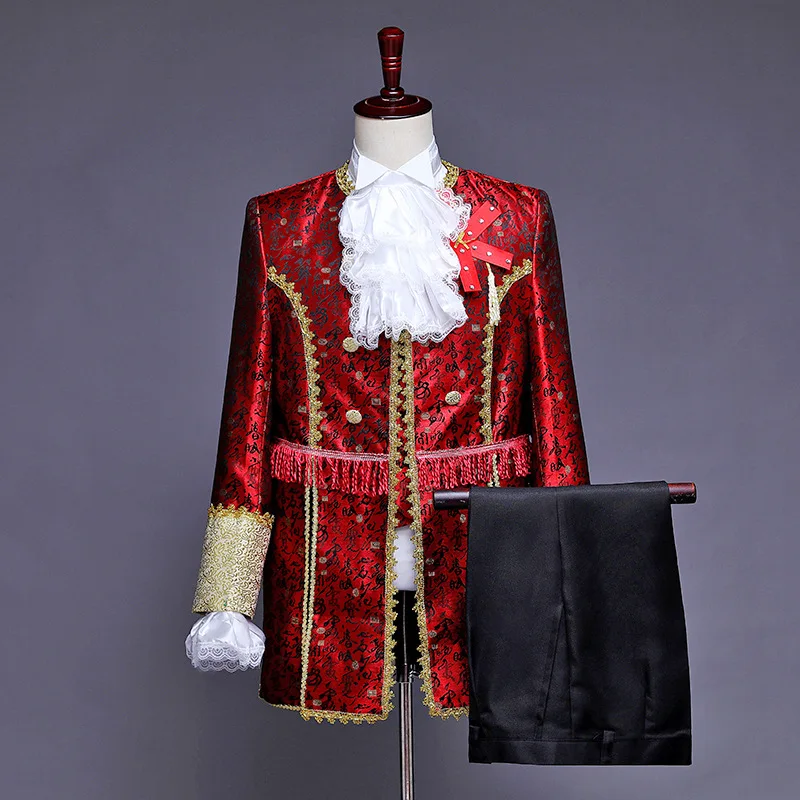 Costume victorien de luxe King Prince pour hommes adultes, veste en émail supérieure, manteau, blazer imbibé, théâtre de scène, tenue de cosplay, pantalon Jabot aught