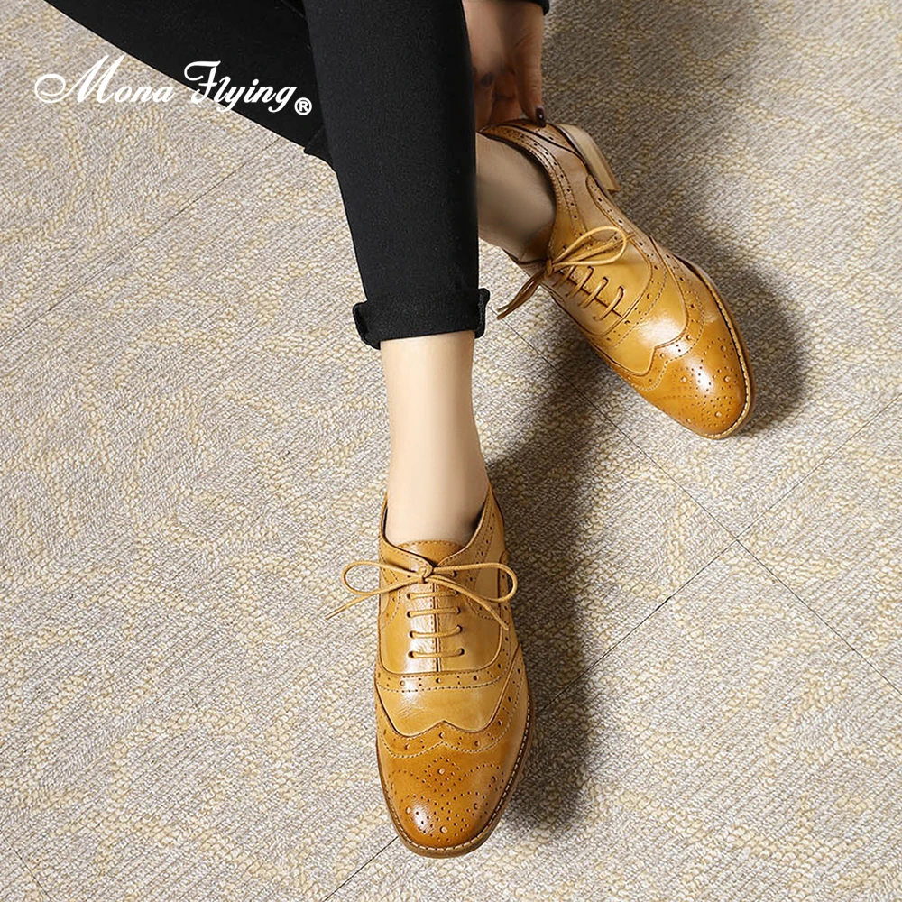 Mona Flying Donna Vera Pelle Wingtip Oxfords Brogue Fatte a Mano Casual Appartamenti Traforati Scarpe Stringate per Donna FLX19-1