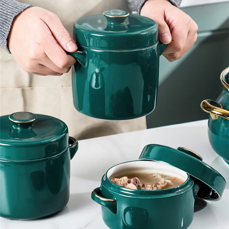 450/650ml Large Stew Cup Green Phnom Penh Ceramic Binaural Bowl Stew Egg Double-lid Handle Water-proof Home Kitchen Soup Pot