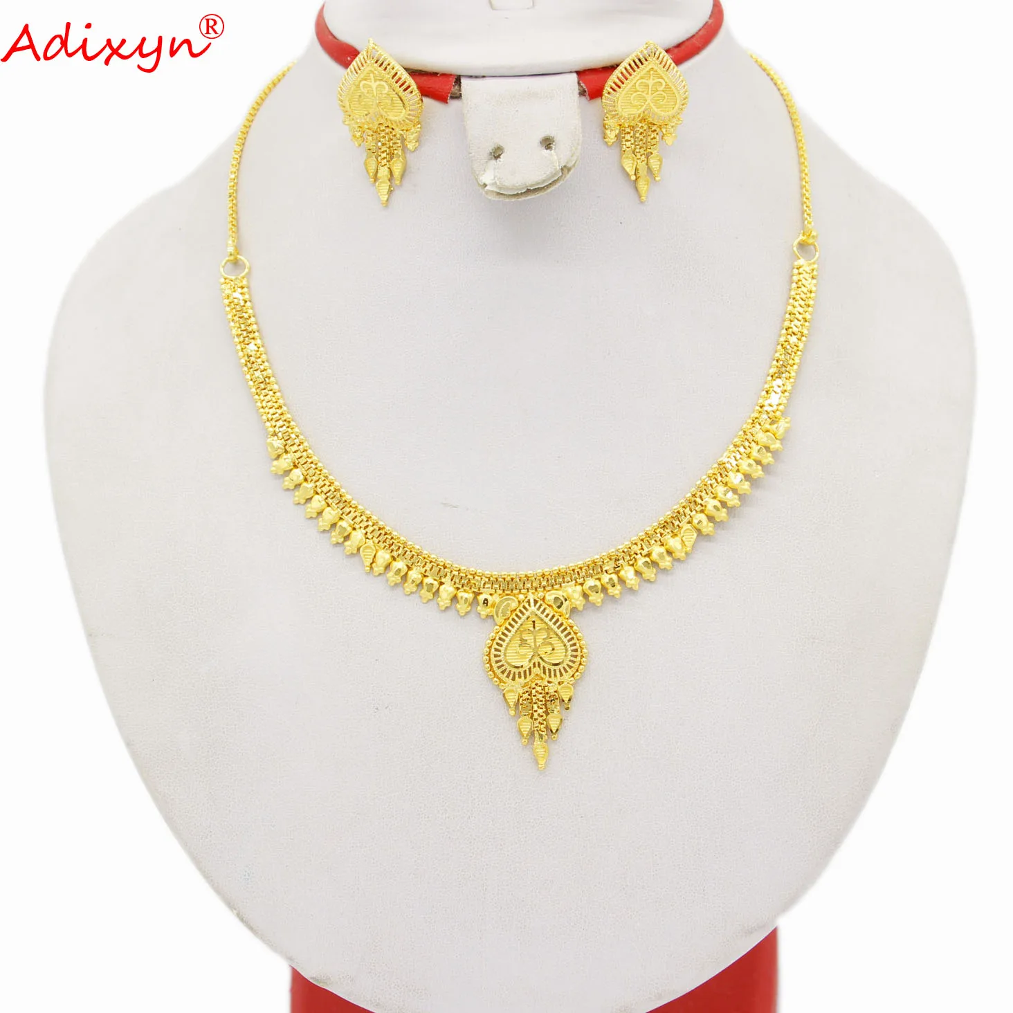 Adixyn 24k Light Weight Gold Color Jewelry Set For Women Girls Heart Neck Chain/ earrings Ethiopian Party Item N07019