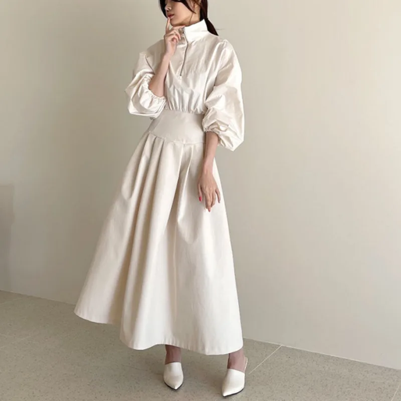 Loose Beige Long Dress For Women Lapel Collar Long Sleeve High Waist Solid Midi Dresses Female New Clothing 2021 Fashion X704