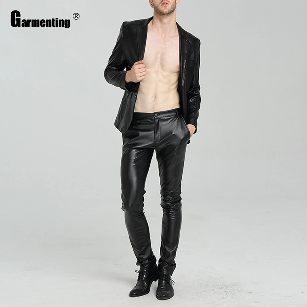 Garmenting Men PU Leather Pants Autumn Trendy 2021 Kpop Male Sexy Zipper Trousers Red Black Faux Leather Skinny Pants Streetwear