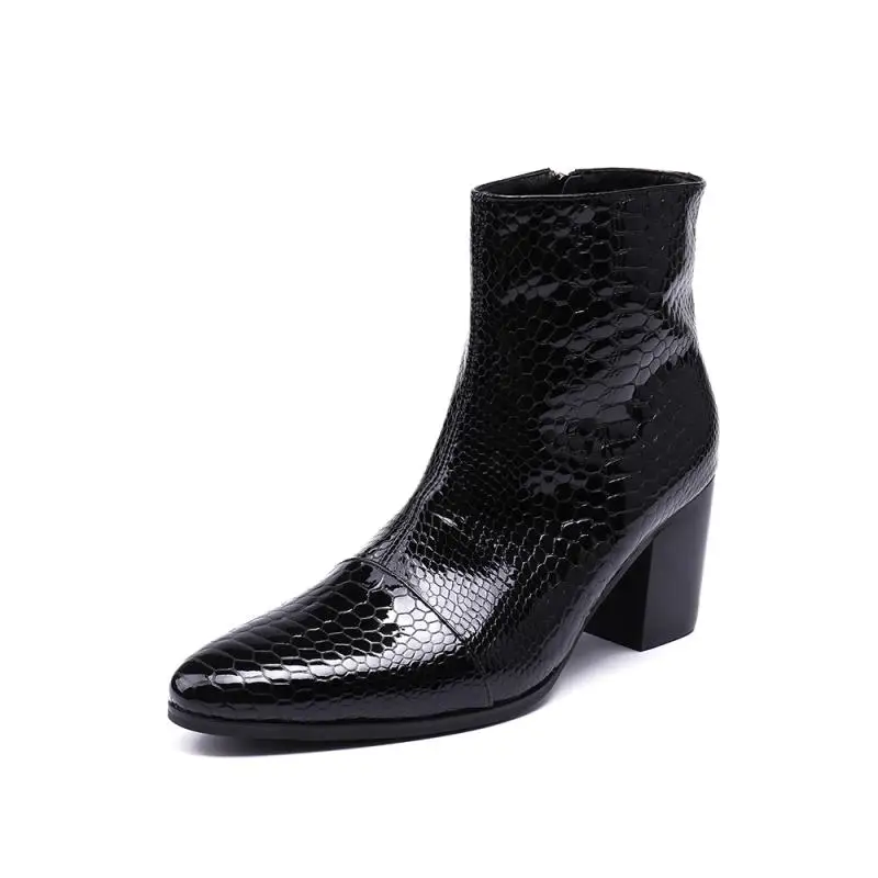 Men High Heels Embossed Patent Leather Boots Shoes Men's Pointed Toe Zipper Black Snakeskin Pattern Boots Big Yards 44 45 46