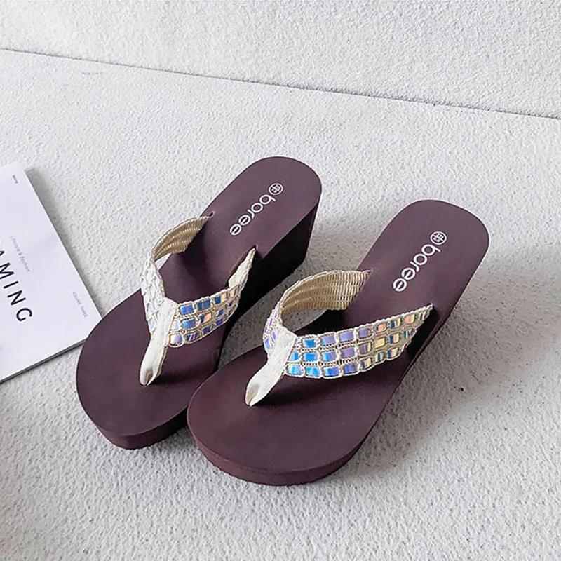 BOREE Woman Slippers 2022 Summer Hollow Out Breathable Beach Slipper Flip Flops EVA Blingbling Wedges Platform Slides Sandals