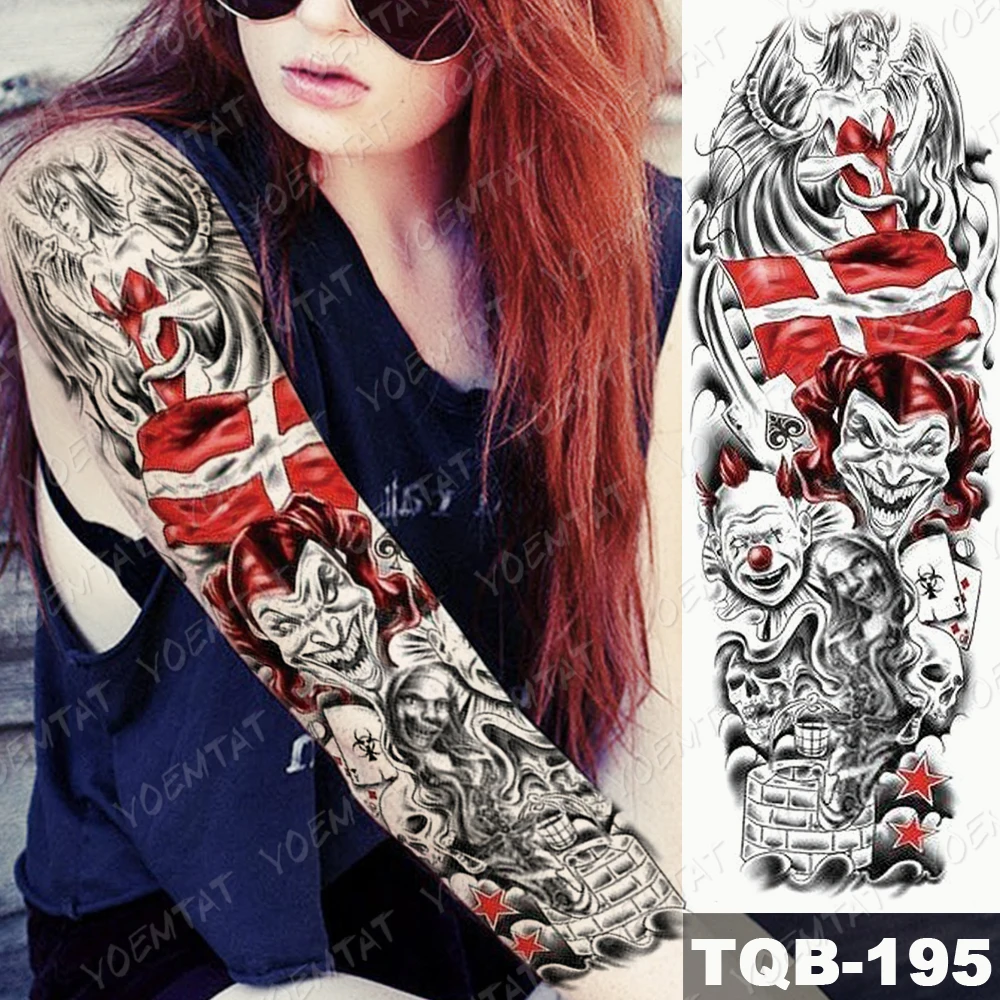 Large Arm Sleeve Tattoo Devil clown Geisha Samurai Waterproof Temporary Tatto Sticker Poker Stars Body Art Full Fake Tatoo Women