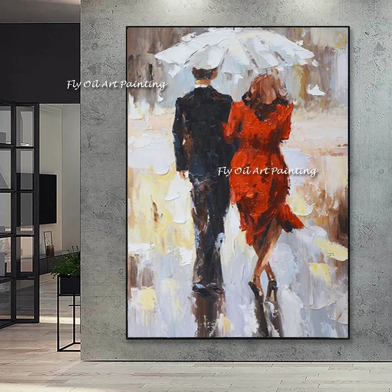 Museum Quality Painting Decoration Abstract Couples Walking Under Umbrella Hand Oil Painting Wall Canvas Art Decoration No Frame