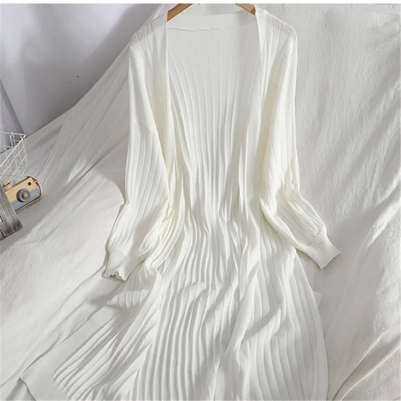 2021 Summer Women Long Silk Knitted Cardigan Casual Solid Stripe Thin Cardigans Coat Ladies V Neck Sun Protection Shirt Jacket