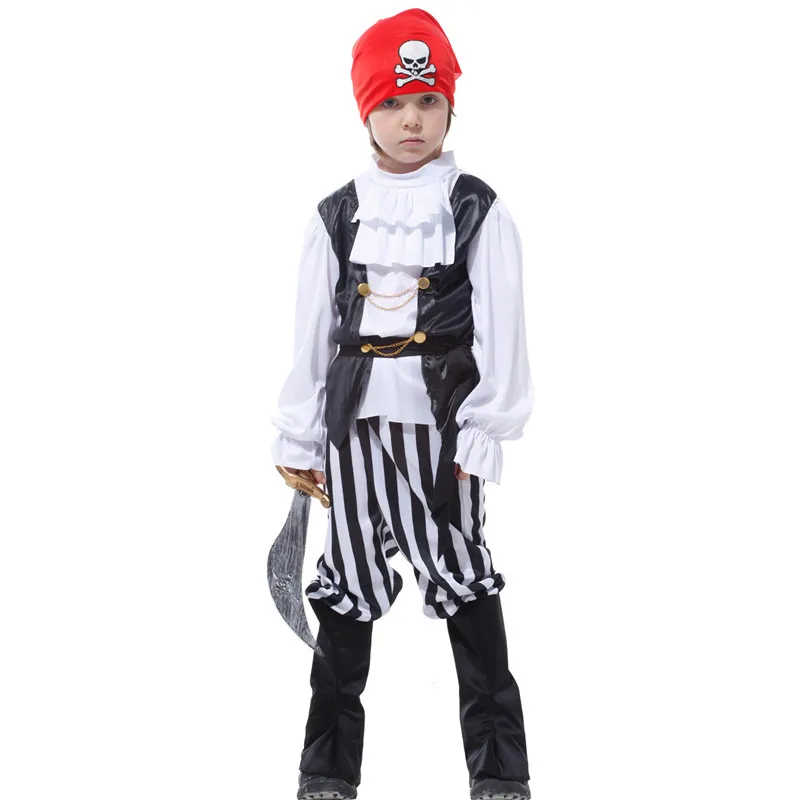 Boys Pirates Of The Caribbean Cosplay Kids Children Halloween Skull Robber Costumes Carnival Purim Stage Role Play Party Dress