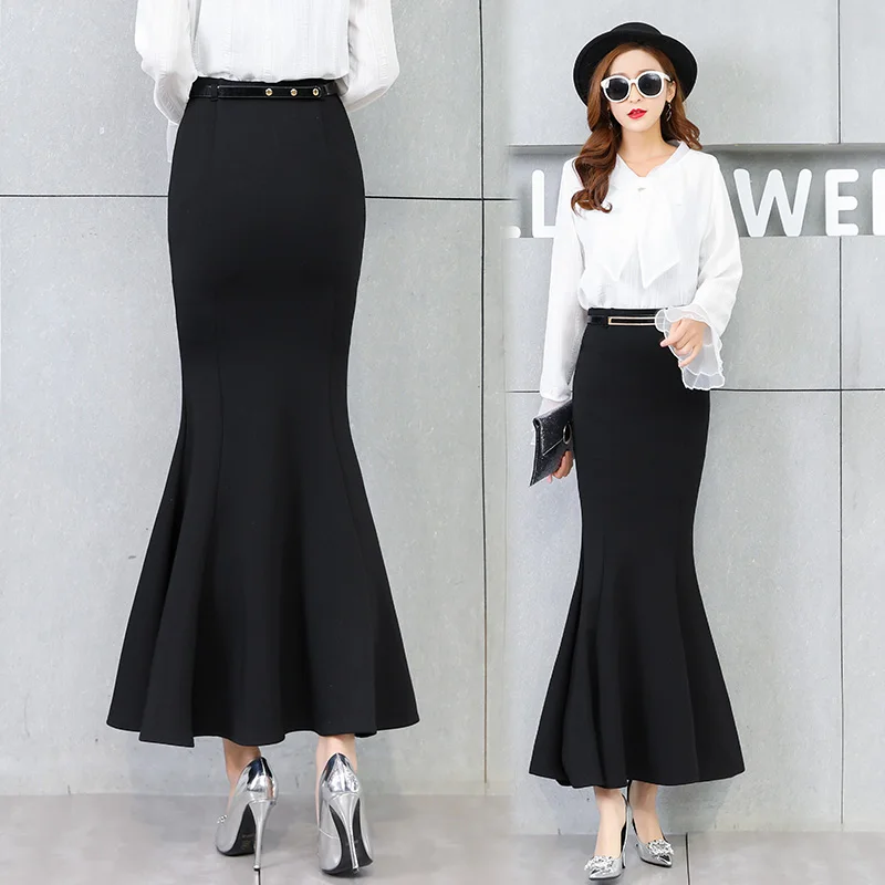 Women\'s Mermaid Style High Waist Long Maxi Skirt with Belt, Plus Size S-3XL, Stretch, Spring and Autumn 2026,Black And Red