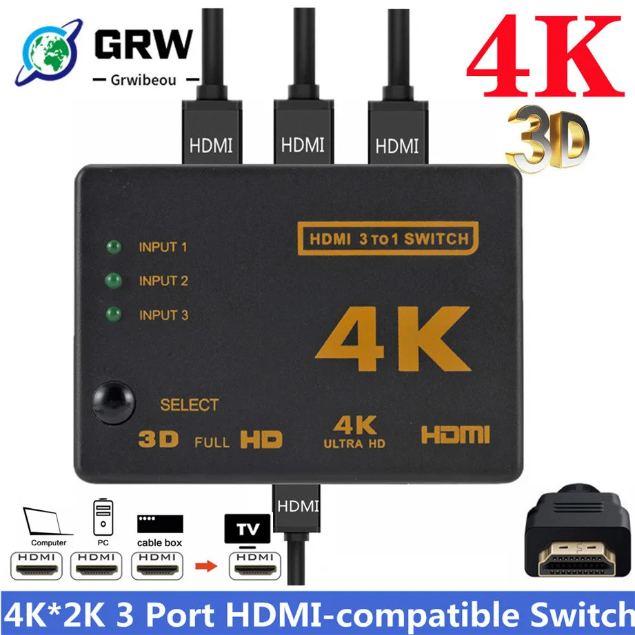 

4K 2K 3x1 HDMI Cable Splitter HD 1080P Video Switcher Adapter 3 Input 1 Output Port HDMI Hub for Xbox PS4 DVD HDTV PC Laptop TV