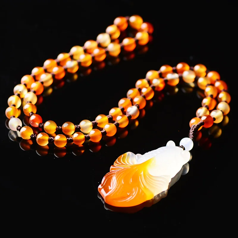 

Beautiful carnelian goldfish Pendant agate Carven Amulet With agate bead Necklace