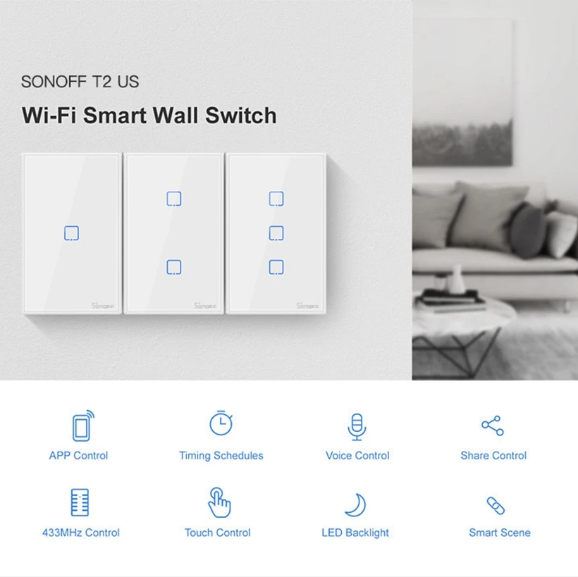 Sonoff T2 Funziona con Google Home Alexa US Smart WiFi RF Telecomando Interruttore della luce da parete Pannello Interruttore della luce tattile da parete 1/2/3Gang