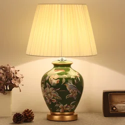 Chinese rural green flower&bird ceramic Table Lamps European dimmer touch switch fabric E27 LED lamp for bedside&foyer MF025