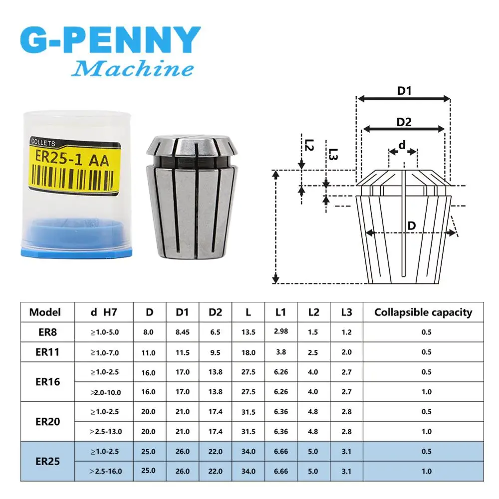 G-Penny 1x ER25 Spring Collet Chuck 0.015mm 1,2,3,4,5,6,7,8,9,10,11,12,13,14,15,16,1/4,1/8,1/2 Milling Lathe Tool Spindle Motor image 2
