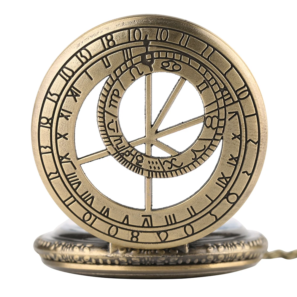 Retro Bronze Hollow Geometry Prague Astronomical Compass Design Quartz Pocket Watch Necklace Clock Fob Watches Zodiac Pendants