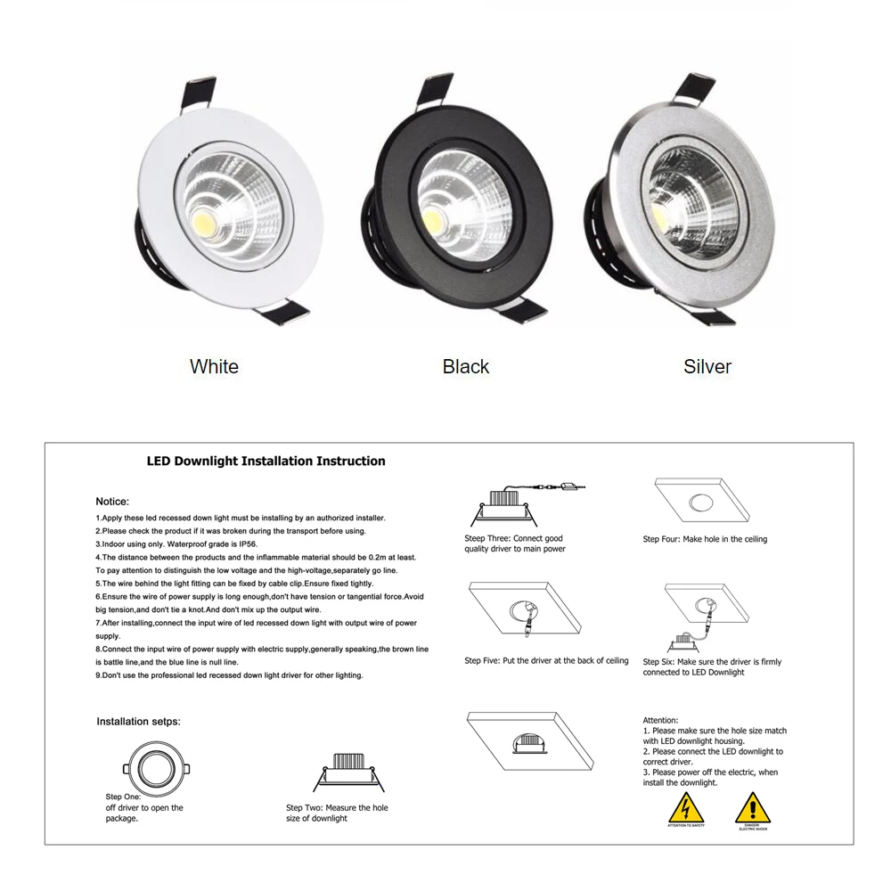 Oprawa punktowa LED COB 3W 5W 7W 10W Możliwość przyciemniania 220V Czarny Srebrny Biały Wykończenie