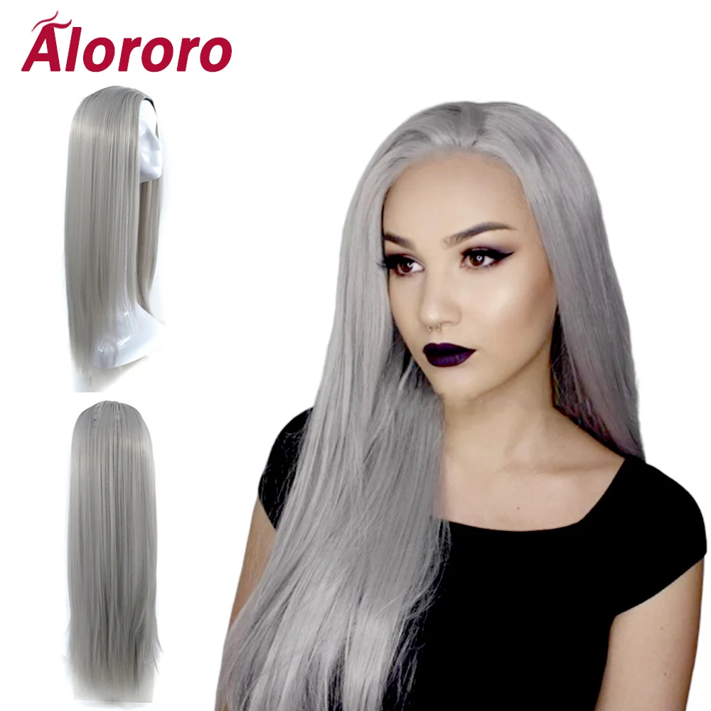 Alororo 26 inch Long Straight Synthetic Wigs Party Fashion White Red Gray High Temperature Wire Hair  Wigs for Women