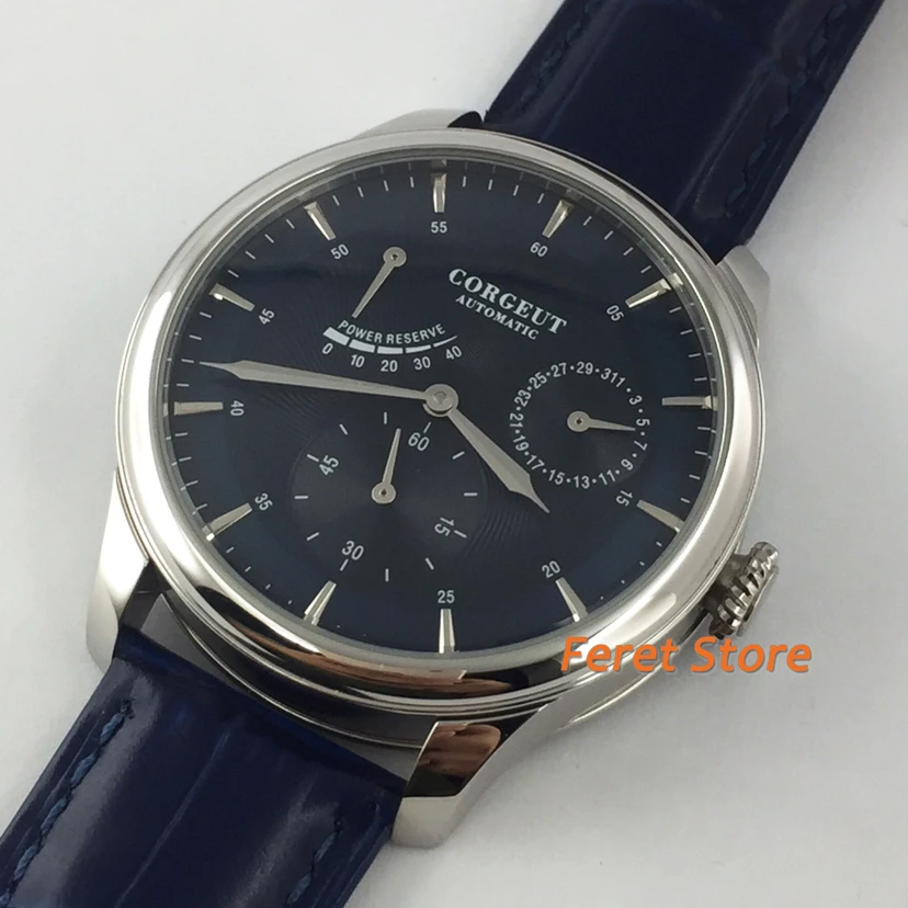 Corgeut 40mm New Men\'s Top Mechanical Watch stainless silvery Case blue Dial Date Leather Strap Power Reserve Automatic Watch