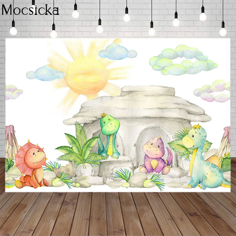 

Cartoon Dinosaur Baby Shower Backdrop Sun Green Leaf First Birthday Party Decorations Supplies Background for Photography