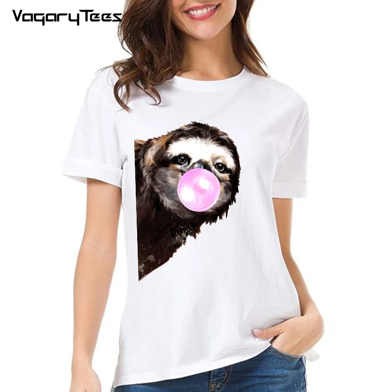 Harajuku Summer Female T-shirt Playful Sneaky Sloth with Bubble Gum Print Aesthetic Clothes Graphic tee tshirt Femme