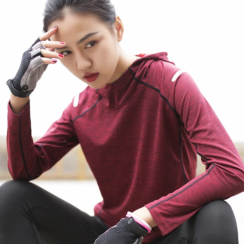 Fitness cienki dres z kapturem kobiet T Shirt sportowe koszulki do jogi Top szybkoschnący bieganie z długim rękawem koszula sportowe ubrania gimnastyczne kurtki — zdjęcie 3