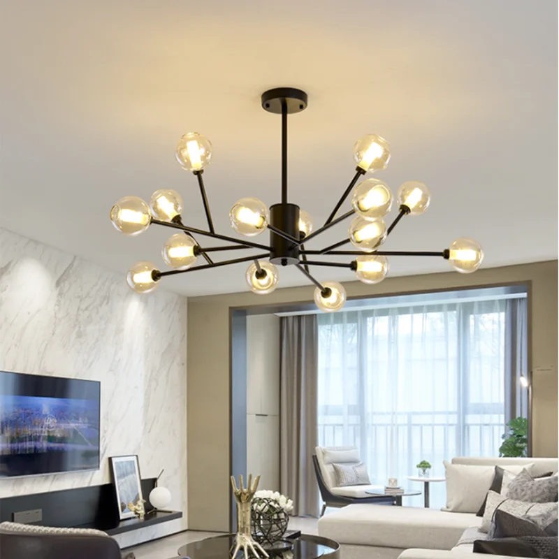 

American globe chandelier industrial molecular lamp black iron glass chandelier vintage Dining Living Room LED flush mount light