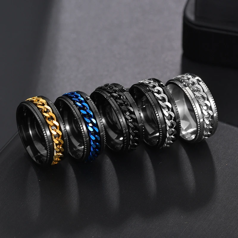 Letdiffery 4 Color Cool Stainless Steel Rotatable Men Ring High Quality Spinner Chain Punk Women Jewelry for Party Gift