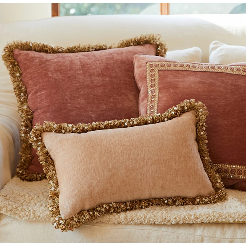Medicci Home European Style Pillow Cover Lotus Pink Color Noble Family Living Room Sofa Luxury Cushion Case With Vintage Tassels