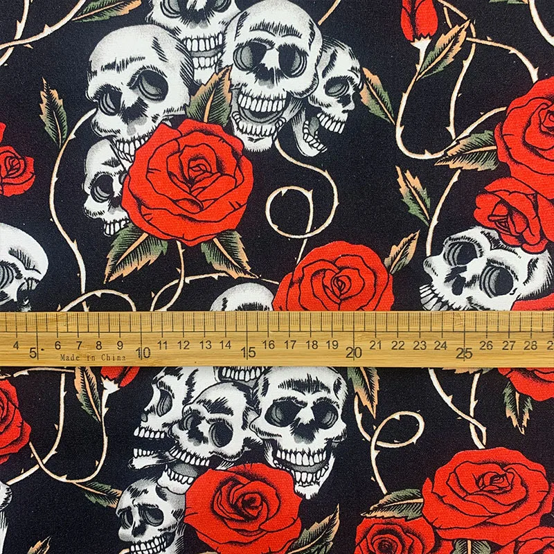 New Black Woven Skull 100% Cotton Fabric Canvas Rose Skull Printed Cotton Fabric Sewing Patchwork DIY Bag Clothing Tablecloth