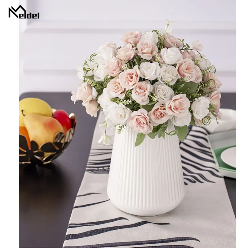 Meldel 1 Bunch 10 Heads Small Roses Artificial Flower Silk Rose Decorative Flowers Home Decoration Wedding Table Faux Rose Flore