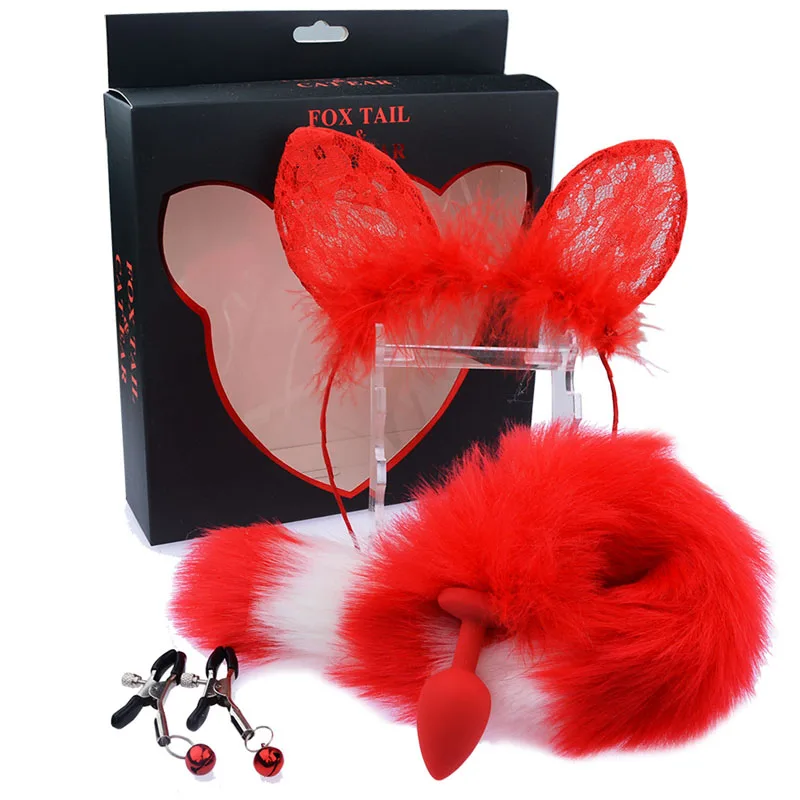 Artificial tail Silicone Anal Plug Fox tail Ear Butt Plug Nipple Clamps Adult Games Anus Dilator Stimulator Sex Toys For Couples