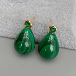 KKGEM Natural 15x20mm  Green Malachite Teardrop Green Cubic Zirconia Pave Stud Earrings classic style for women