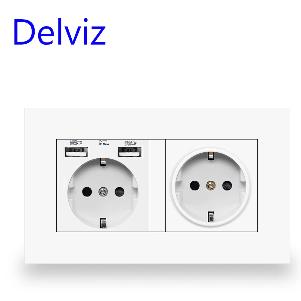 Delviz EU standaard USB-aansluiting, dubbele uitgang, 16A kwaliteit voedingspaneel AC 110 ~ 250V 146 mm * 86 mm, dubbel frame USB-stopcontact
