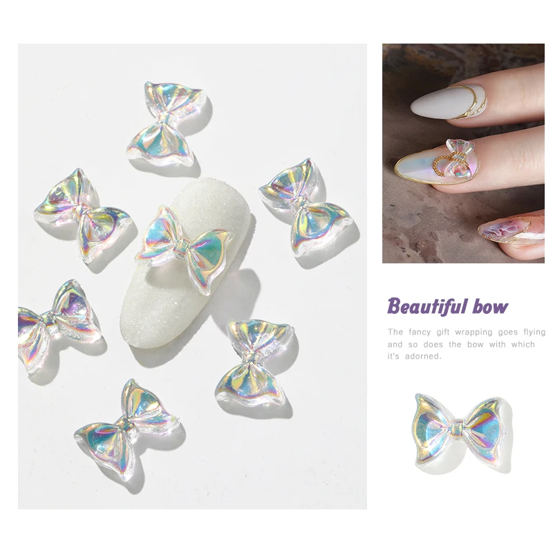 

10pcs Holographic Aurora Bow Ties Nail Art Decorations 3D Crystal AB Colorful Bow Ornaments Japanese DIY Manicure Accessories