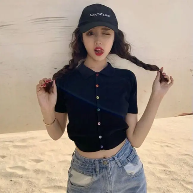 Woman TShirts Slim Fit Polo Collar Knitted Short Sexy for Cardigan Top Women Crop Top Mujer Camisetas