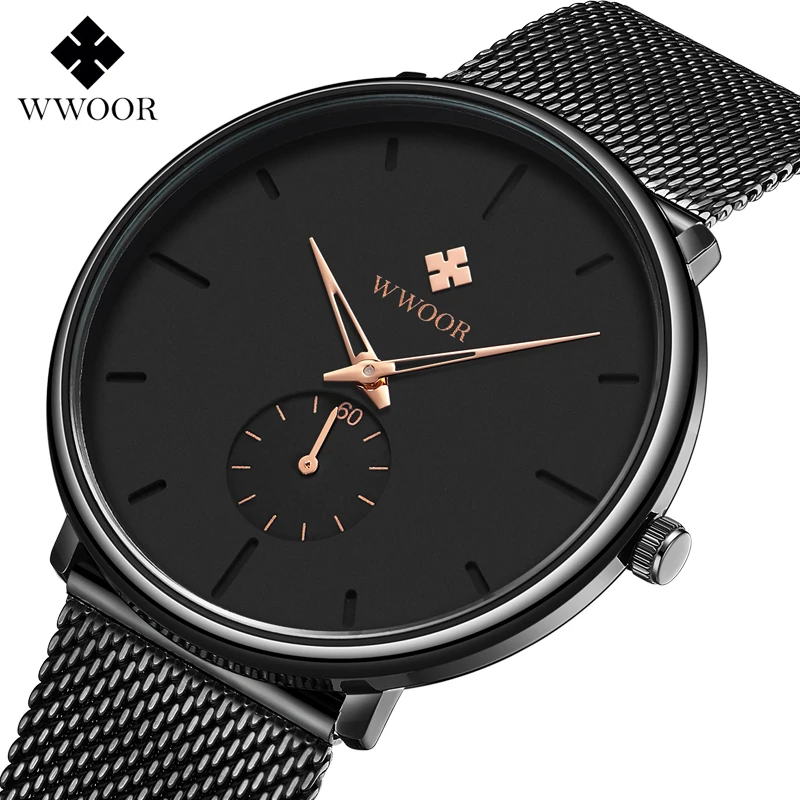 WWOOR Simple Watch Men Mesh band Second Sub-dial Fashion Casual Ultra Thin Analog Quartz Wrist Watches relogio masculino