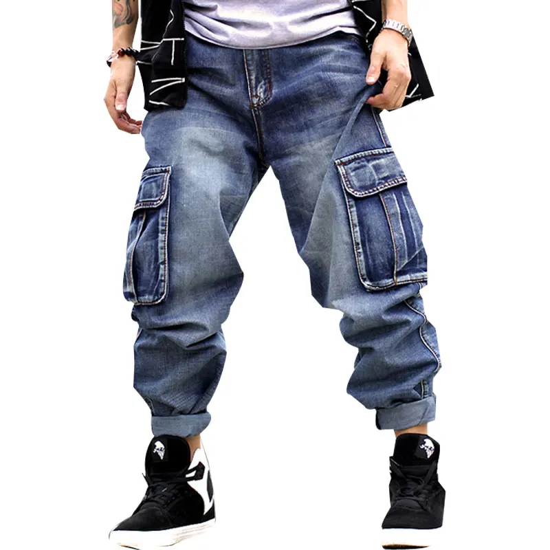 

Mcikkny Men Hip Hop Skateboard Denim Trousers Multi Pockets Baggy Jeans Pants Plus Size 30-46