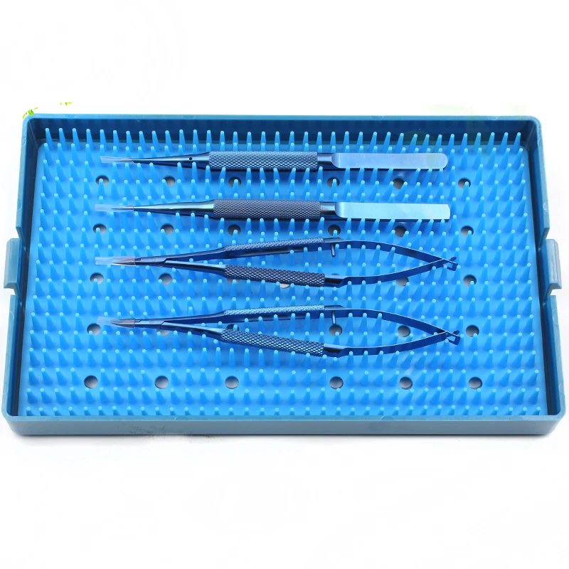 4pcs titanium Ophthalmic instrument set forcep needle holder scissor with Silicone Sterilization tray