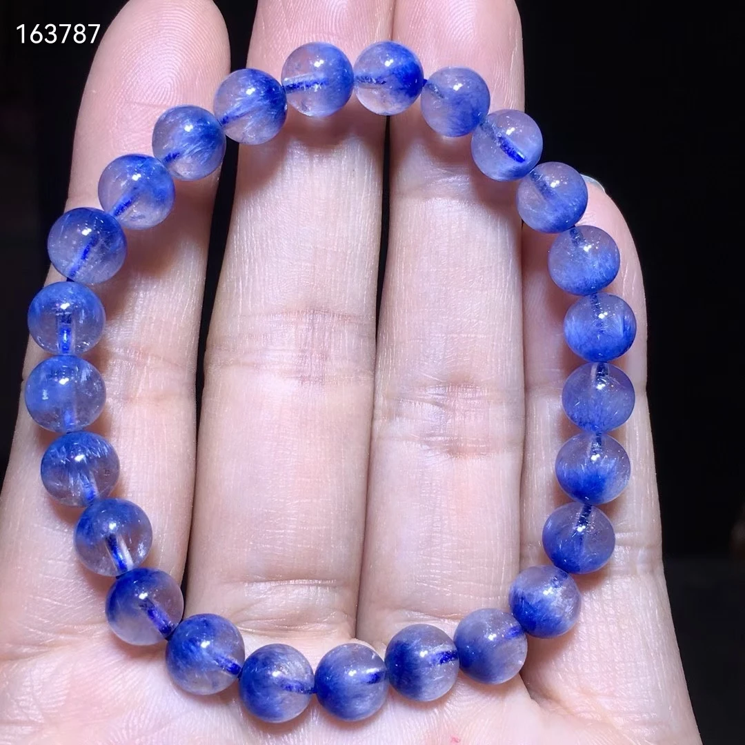 

Natural Blue Dumortierite Quartz Rutilated Quartz Crystal Bracelet 7.3mm Women Men Gemstone Round Beads Rare Reiki Stone AAAAA