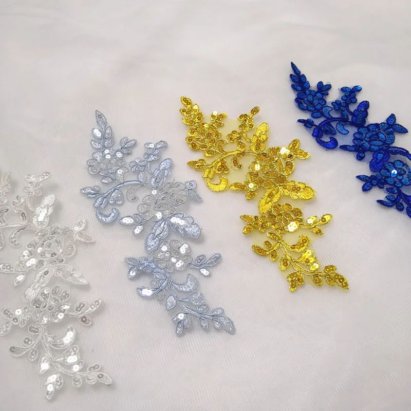 5Pcs Good Quality Delicate Embroidered Sequins Gold Sapphire Ivory Lace Applique Wedding Accessories multicolor Lace Cord DIY