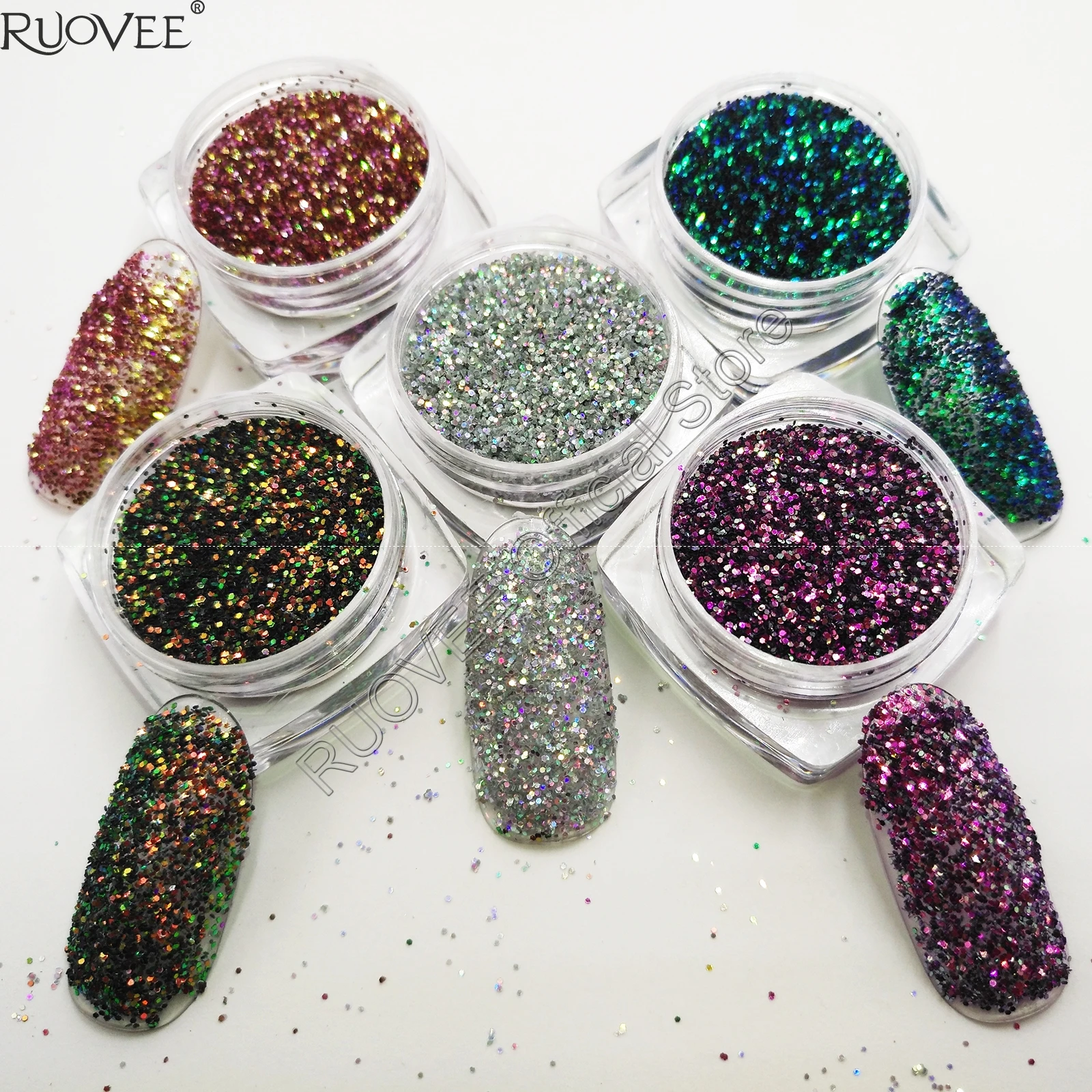 

5COLORS Chameleon Glitter Mixed Metallic Luster 0.4MM Hexagon Shape Dust Nail Art for Craft Makeup Facepainting DIY Accessories