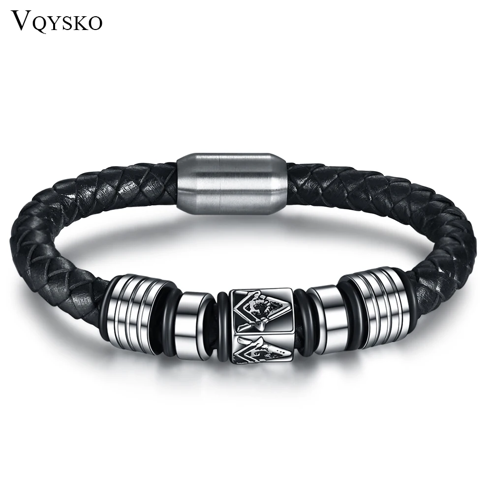 

New Super Cool Men Magnetic Buckle Genuine Leather Bracelet Stainless Steel Masonic Bracelets Men Jewelry