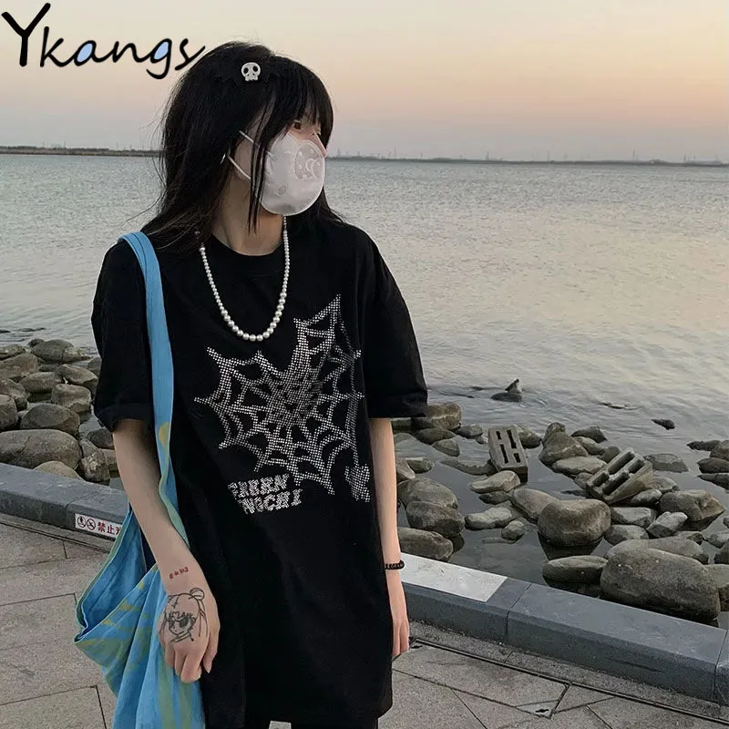 

Harajuku Style Black Hot Rhinestone Short Sleeve Summer Loose Street Hip-hop Style Women T-shirt All-match Five-point Sleeve Top